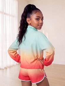 SHEIN Tween Girls Activewear Woven Gradient 2-Piece Set, Gradient Print Sports Jacket + Gradient Print Running Shorts, Suitable For Casual Sports And Yoga, All Season - Orange - View 2