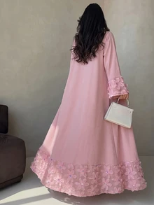 Yasmyna Women Spring Autumn Outfit Gentle Pink 3D Floral Beaded Open Abaya Elegant Flare Sleeve Maxi Cardigan For Family Gathering Engagement Wedding Guest - Pink - View 3