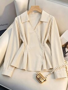 Muvela Women's Striped Button Shirt, Elegant Lapel Collar Long Sleeve Slim Fit Blouse, Ruffled Hem Wrap Top, Chic Office Work Commuter Wear For Early Spring - Black and White - View 1