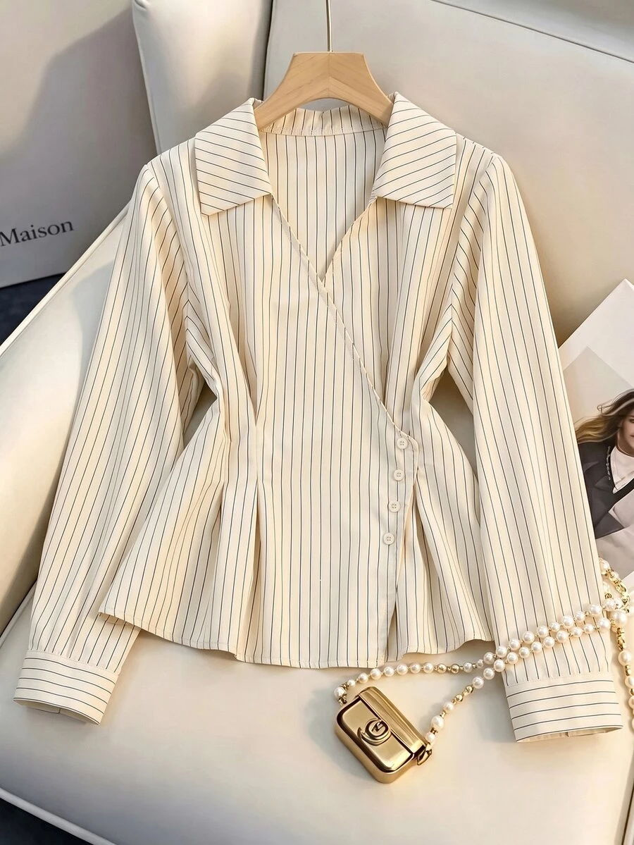 Muvela Women's Striped Button Shirt, Elegant Lapel Collar Long Sleeve Slim Fit Blouse, Ruffled Hem Wrap Top, Chic Office Work Commuter Wear For Early Spring - Black and White - View 1