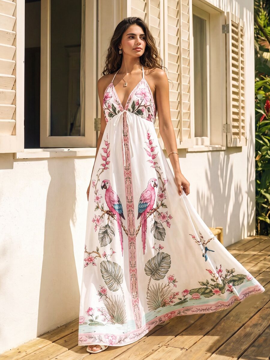 CAJUNI Tropical Vacation Elegant Off-White Delicate Garden Long Dress - Multicolor - View 1
