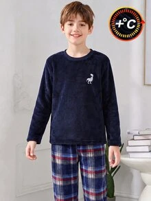 Genkimix Kids 2件組男童深藍色秋冬毛絨睡衣套裝，休閒字母刺繡長袖上衣與長褲，居家休閒服裝套裝 - 藏蓝色 - 查看 3