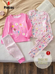 SHEIN 秋冬款女童幼兒針織圓領薄款可愛夢幻仙氣卡通圖案玫瑰紅小圓點拼接褲仙靈俏皮數位印花 4 件套長袖長褲修身舒適柔軟面料女童睡衣家居服 - 粉色 - 查看 1