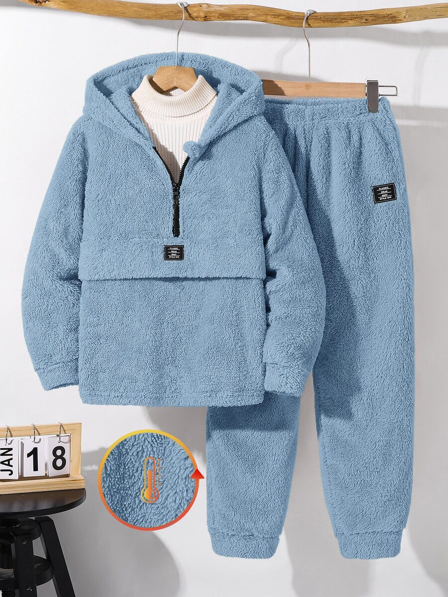 SHEIN Little Byeori 2件組男童冬季休閒返校穿搭套裝,抓絨半拉鍊連帽衛衣與寬鬆慢跑長褲,秋季加厚保暖校園套裝 - 霧霾藍 - 查看 1
