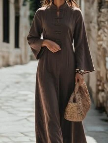 Louniche Women's Autumn/Winter Long Sleeve Cinched Waist A-Line Textured Fabric New Chinese Style Stand Collar Frog Button Long Dress - Brown - View 4