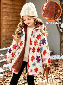 SHEIN Playful Pals 1件女童冬季新款多色毛絨內裡拉鍊開襟衫，附彈性腰部與連帽，加厚保暖內裡簡約時尚防寒外套，適合戶外與通勤 - 彩色 - 查看 1
