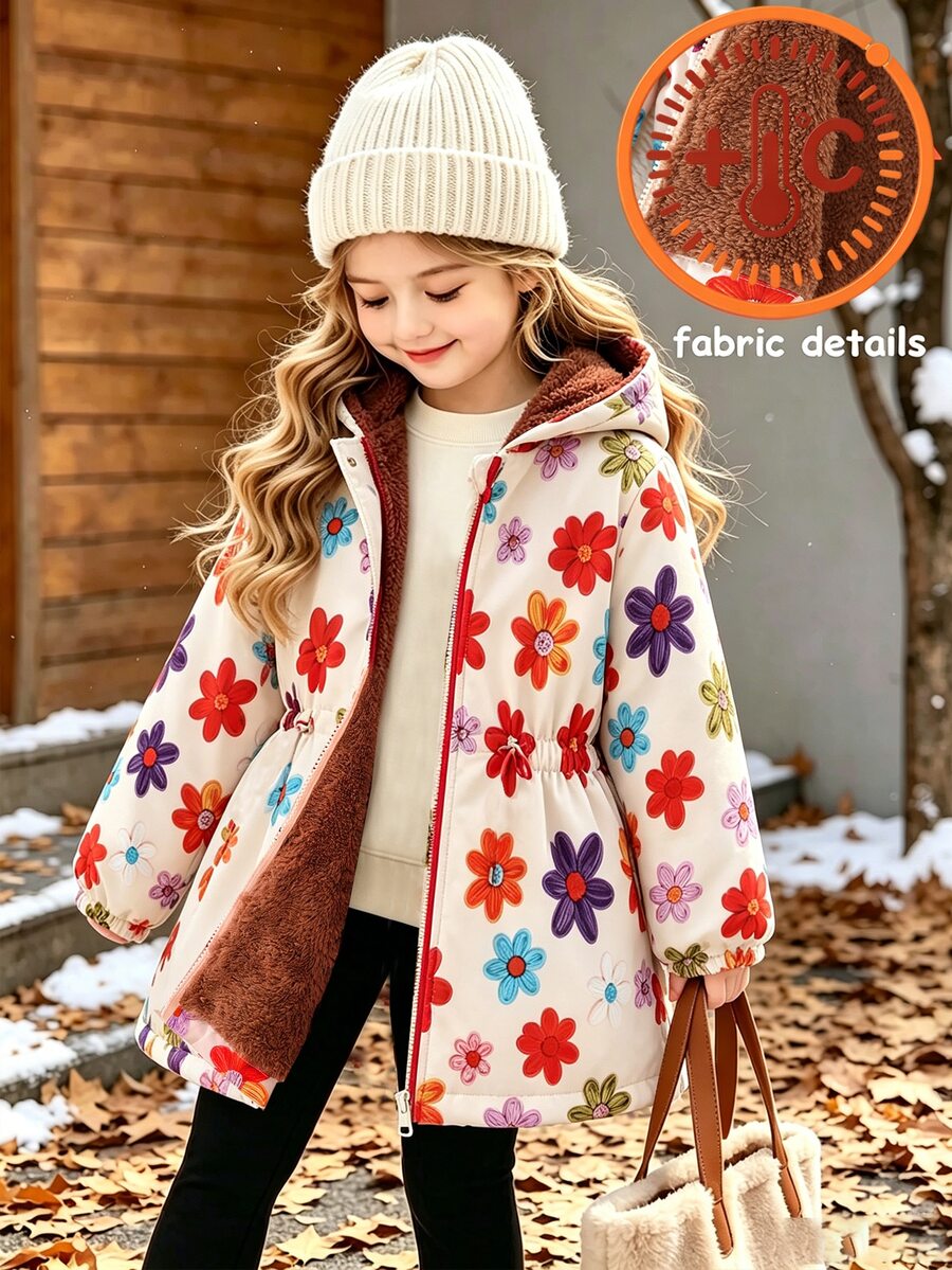SHEIN Playful Pals 1件女童冬季新款多色毛絨內裡拉鍊開襟衫,附彈性腰部與連帽,加厚保暖內裡簡約時尚防寒外套,適合戶外與通勤 - 彩色 - 查看 1