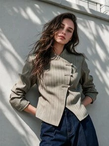 Nöista Jaket Wanita Vintage Kancing Katak Bergaris Lengan Panjang Modis - kuning hijau - View 1