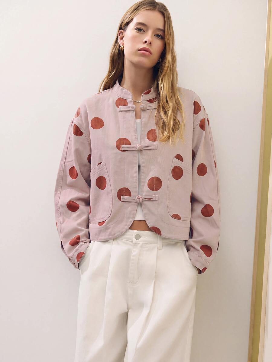 Nöista Oversized Cropped Jacket With Chinese Buttons, Casual Fall Jacket For Women, Layering Piece, Smart Casual Cozy - Pink - View 1