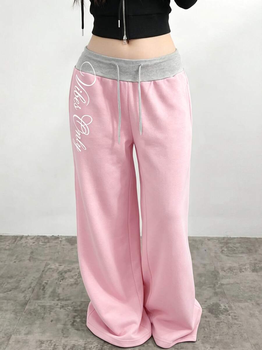SHEIN 青少年女孩拼接腰部白色字母刺繡寬腿長褲 - 粉色 - 查看 1