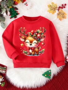 Christmas Girls Cartoon Cute Reindeer Gingerbread Man Decorative Pattern Printed Round Neck Sweatshirt Fall Outfits - Red - View 4