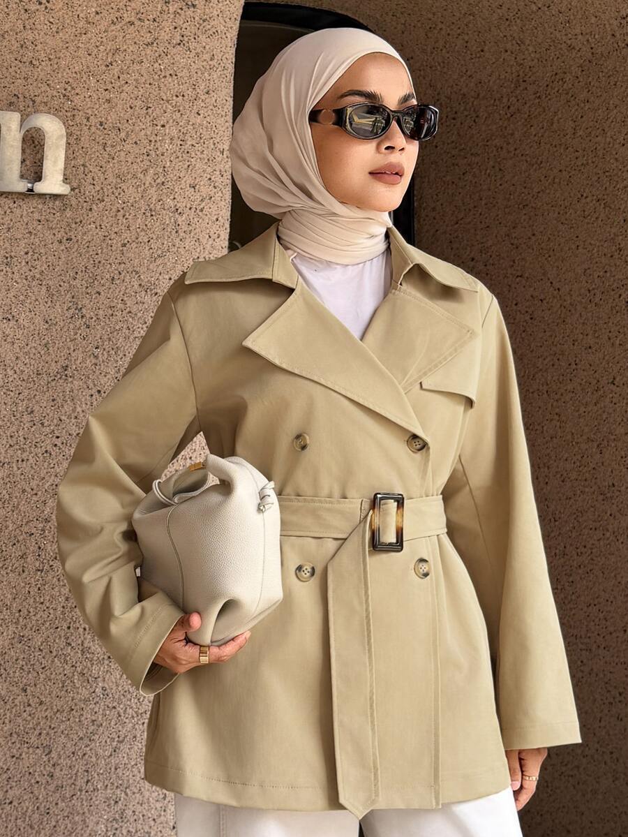 DAZY Women's Fashion Button Long Sleeve Lapel Trench Coat - Khaki - View 1
