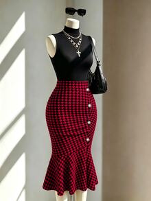 Fine & Folde Women's Houndstooth Casual Versatile Daily Skirt - Red - View 5