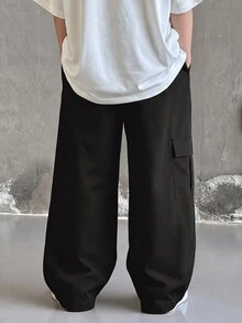 SHEIN 兒童青少年男孩休閒日常舒適工裝直筒寬鬆長褲，黑色工裝褲，新年，六七歲，適合外出、約會、上學，春夏秋冬四季皆宜 - 黑色 - 查看 2