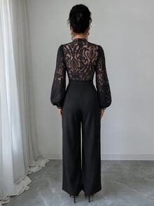 GlowEve Elegant Multi-Occasion Date Night Small Stand Collar Lace Embroidered Patchwork Jumpsuit - Black - View 2