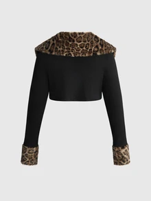 ROMWE Millennium Y2K Leopard Print Faux Fur Collar Cropped Knit Cardigan & Slim Fit Waist-Cinching Dress Plus Size 2 Pieces Set For Party And Birthday - Black - View 14