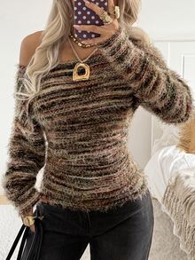 SHEIN EZwear Autumn/Winter Off-Shoulder Dark Color Long Sleeve Casual T-Shirt - Multicolor - View 6