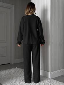SHEIN Long Sleeve Embroidery On The Collar And Front Tie Detailed Casual Dusty Pink Lounge Set - Black - View 2