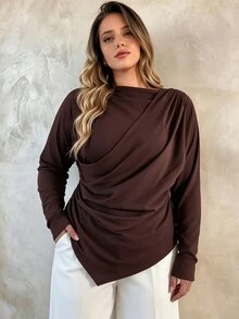 Elegantrix ملابس علوية نسائية مقاس كبير بطبقتين 2 في 1 بأكمام طويلة، تصميم ياقة مائلة غير متماثلة مع طيات، حافة غير متماثلة، كنزة محبوكة أنيقة - قهوة بني - مشاهدة 1