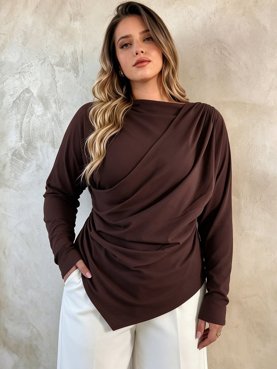 Elegantrix ملابس علوية نسائية مقاس كبير بطبقتين 2 في 1 بأكمام طويلة، تصميم ياقة مائلة غير متماثلة مع طيات، حافة غير متماثلة، كنزة محبوكة أنيقة - قهوة بني - مشاهدة 1