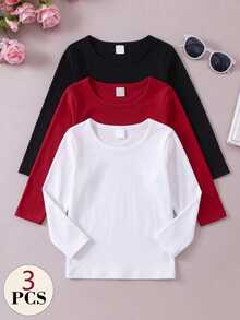 SHEIN Elladie kids 少女休閒純色百搭時尚羅紋針織圓領長袖柔軟內搭 T-shirt 上衣套裝，黑色紅色白色，聖誕派對秋季風格 - 彩色 - 查看 1