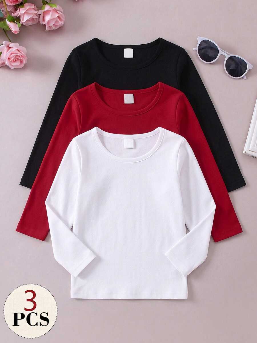 SHEIN Elladie kids 少女休閒純色百搭時尚羅紋針織圓領長袖柔軟內搭 T-shirt 上衣套裝,黑色紅色白色,聖誕派對秋季風格 - 彩色 - 查看 1