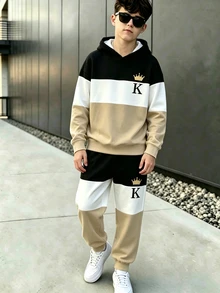 青少年男孩秋冬連帽衛衣與運動長褲2件套，三色拼接連帽衛衣配皇冠K字母印花，搭配同色拼接運動長褲，打造時尚休閒街頭風造型 - 彩色 - 查看 3