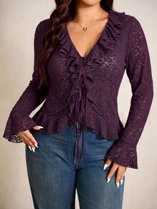 Elaquor Plus Size Women's Fashion Top With Ruffle Collar, Front Tie And Bell Sleeves - Purple - View 3