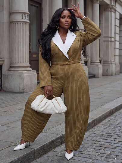Slaydiva Autumn New Business, Modern Street, Elegant Commute, Cocktail Party, Graduation Season, Best Friend Outing, Wedding Season, Gathering Occasions Fitted Ginger Yellow Striped Contrast White Collar Cropped Jacket And Scythe Pants Women's Plus Size Suit Set-A