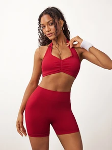 Dewbera Dewbera Seamless Yoga Sports Set Fixed Cup Non-Slip Yoga Sports Shorts - Red - View 4