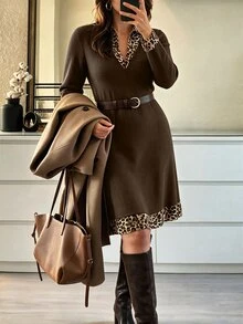 Weeklong Plus Size Ribbed Fleece Knit Mini Dress Leopard Print 2 In 1 Long Sleeve Casual Outfit - Brown - View 4