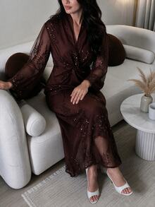 Modelyn Women's Luxury Sequin Front Knot Ruched Long Sleeve Dress - Coffee - View 4