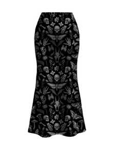 ROMWE Goth Women's 2pcs Casual Floral Print Tube Top & Short Bodycon Skirt Set, Summer - Black - View 5