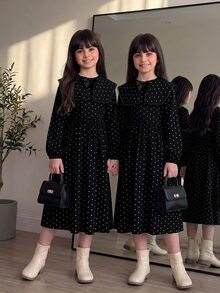 SHEIN Tween少女青少年女童洋裝 初秋休閒優雅黑白波點印花收腰洋裝 女孩洋裝 波點洋裝 - 黑色 - 查看 7