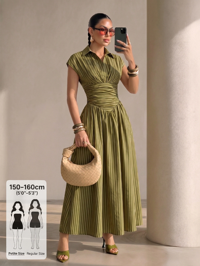 SHEIN PETITE Elegant Long Dress With Shirt Collar, Striped Print, Cinched Waist And Flared Hem