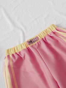 SHEIN 兒童青少年女孩休閒新款秋冬時尚粉色與黃色拼色拼接織帶條紋長袖拉鍊外套與長褲2件套，返校季秋冬服飾開襟外套套裝 - 彩色 - 查看 6