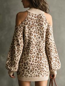 SHEIN Women's Mock Neck Leopard Knit Dress, Cold Shoulder Long Sleeve Bodycon Mini Dress - Multicolor - View 2