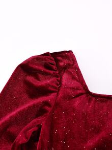 SHEIN Elladie kids 女童 1 件 BialaSuknia 春/秋新款海灘週末生日套裝，方領長袖波點印花，後背小 V 設計，3D 可拆卸大蝴蝶結，大裙擺附側邊荷葉邊，極簡百搭海灘風 - 酒紅色 - 查看 5