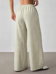 SHEIN PETITE Women's Striped Drawstring Waist Casual Daily Long Pants - Mint Green - View 4