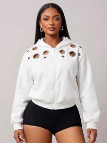 SHEIN SXY Plus Size Women's White Open Front Hoodie With Eyelet Design Fall - White - View 4