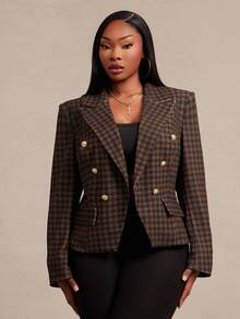 SHEIN SXY Plus Size Women's Brown & Black Plaid Padded Shoulder Cinched Waist Blazer - Chocolate Brown - View 3