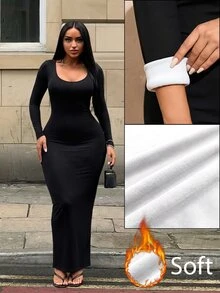 SHEIN SXY 黑色保暖內裡U領長袖修身洋裝 - 黑色 - 查看 1