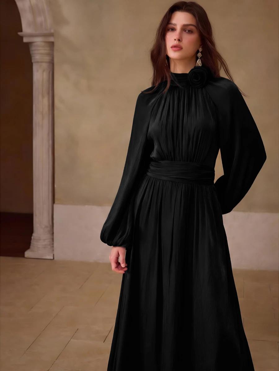 MOTF PREMIUM WOMEN'S SOLID COLOR STAND COLLAR RAGLAN LANTERN SLEEVE PLEATED ELEGANT LONG DRESS - Black - View 2