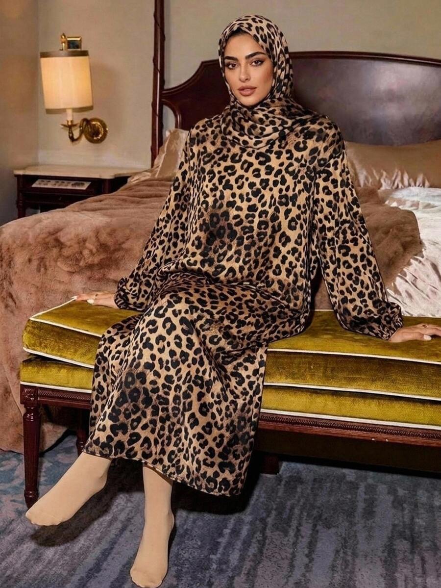DAZY Women's Fashion Leopard Print Nightgown With Headscarf Set Fall ...