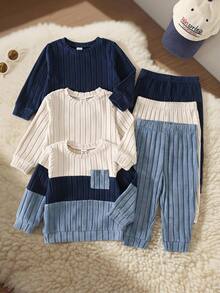 6-delat set för babypojke med mjuk stickad sweatshirt i kontrastfärg, rund hals, lång ärm och långbyxor med elastisk midja, mångsidigt och bekvämt - Blå - Visa 1