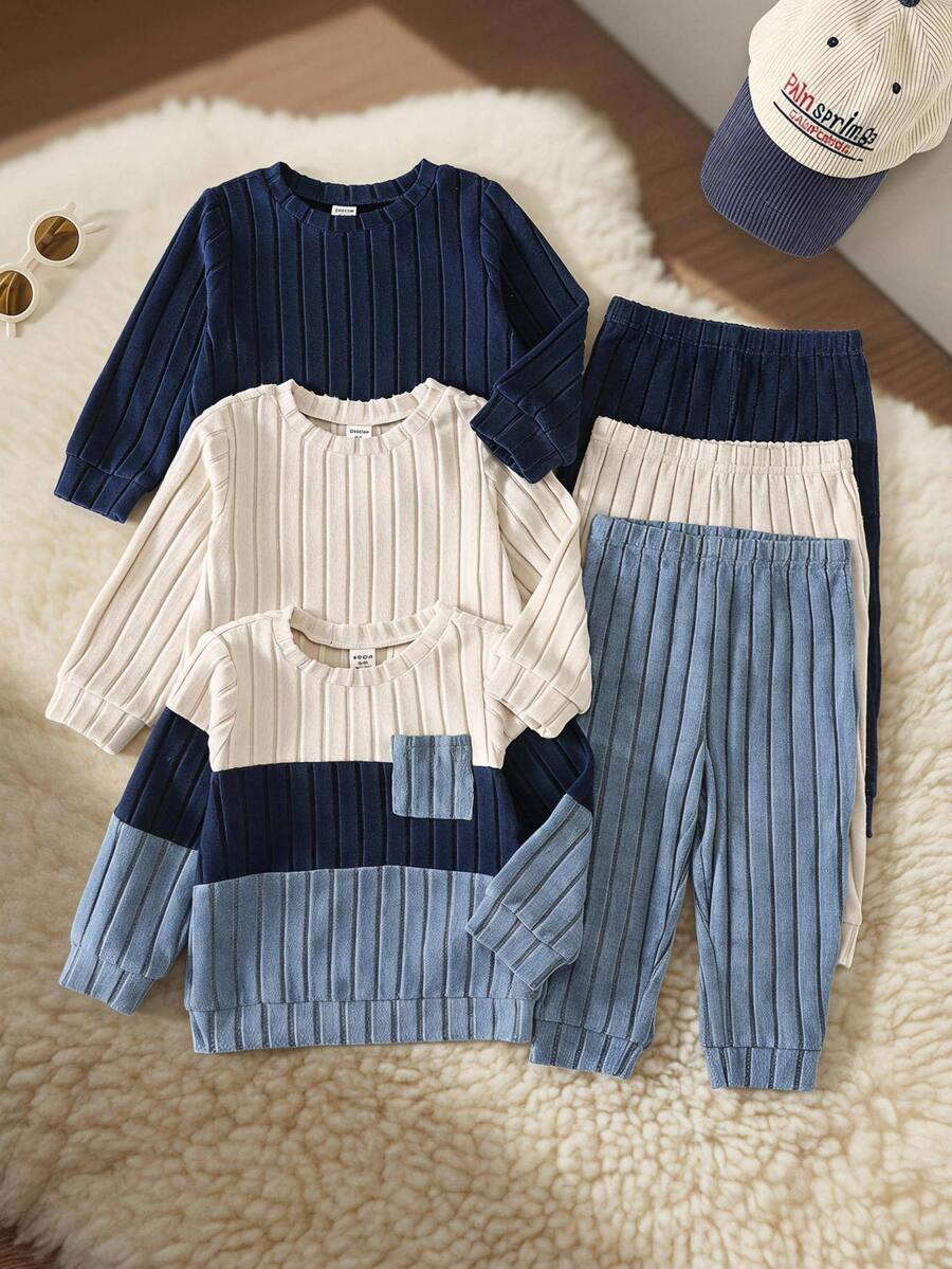 6-delat set för babypojke med mjuk stickad sweatshirt i kontrastfärg, rund hals, lång ärm och långbyxor med elastisk midja, mångsidigt och bekvämt - Blå - Visa 1