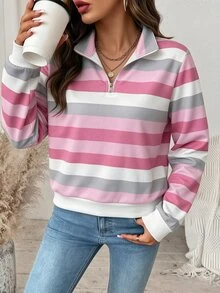 SHEIN LUNE 休閒條紋圖案印花經典半拉鍊大尺碼女款運動衫，適合秋冬/聖誕節 - 白色 - 查看 4