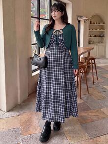 Bijouette Plus Size Korean Style Plaid Cami Dress With Lace-Up Long Sleeve Cardigan 2 Pieces Set Fall - Navy Blue - View 7