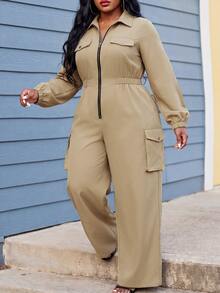 Slaydiva Plus Size Functional Style Cargo Jumpsuit, Long Sleeve Front Zipper Multi-Pocket Loose Streetwear One-Piece - Khaki - Khaki - View 6