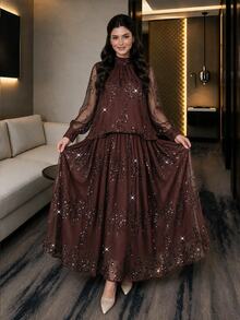 Auveirra Plus Size Sequin Pleated Top And Long Skirt 2 Pieces Set - Mocha Brown - View 4
